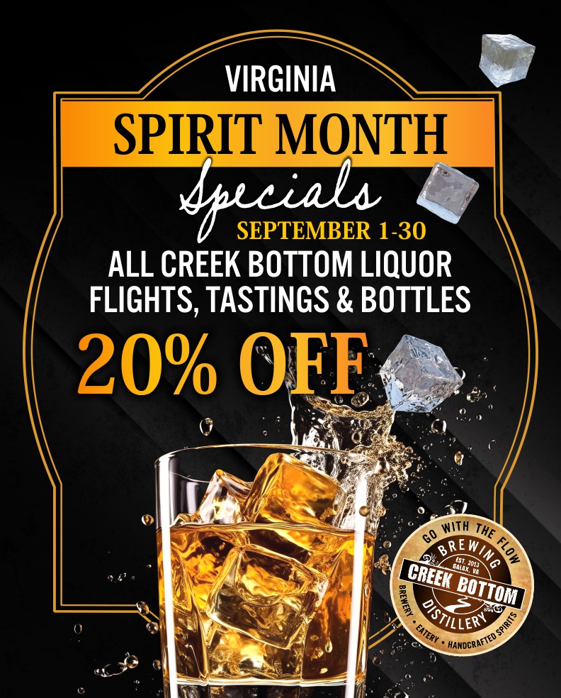 20% Off All Creek Bottom Liquor Flights, Tastings & Bottles