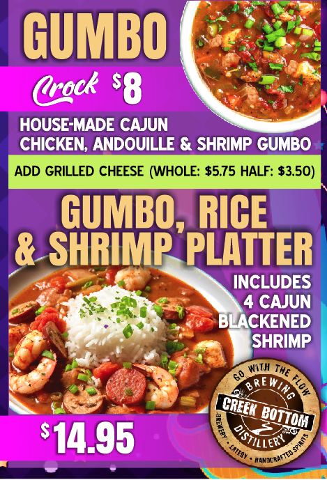 Mardi Gras Specials – Crock of Gumbo and Gumbo, Rice & Shrimp Platter